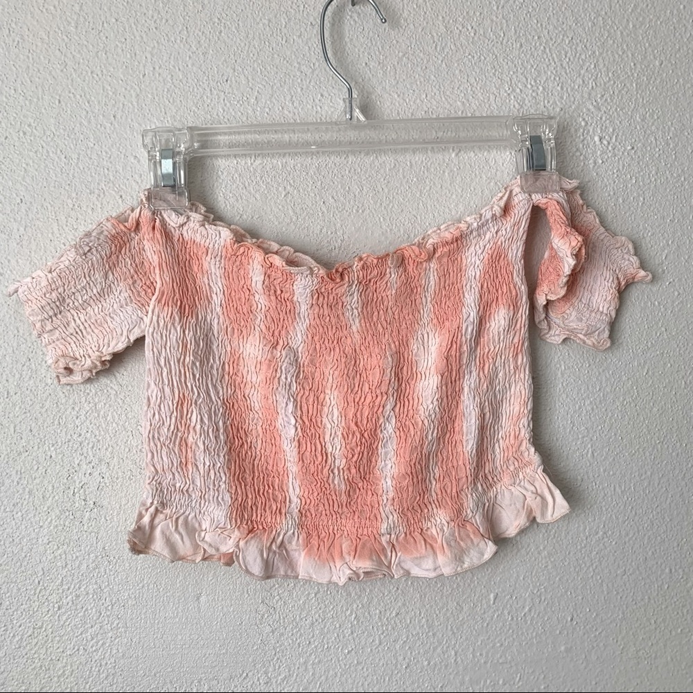 Kiwi and Punch peach pink smocked off the shoulder crop top S